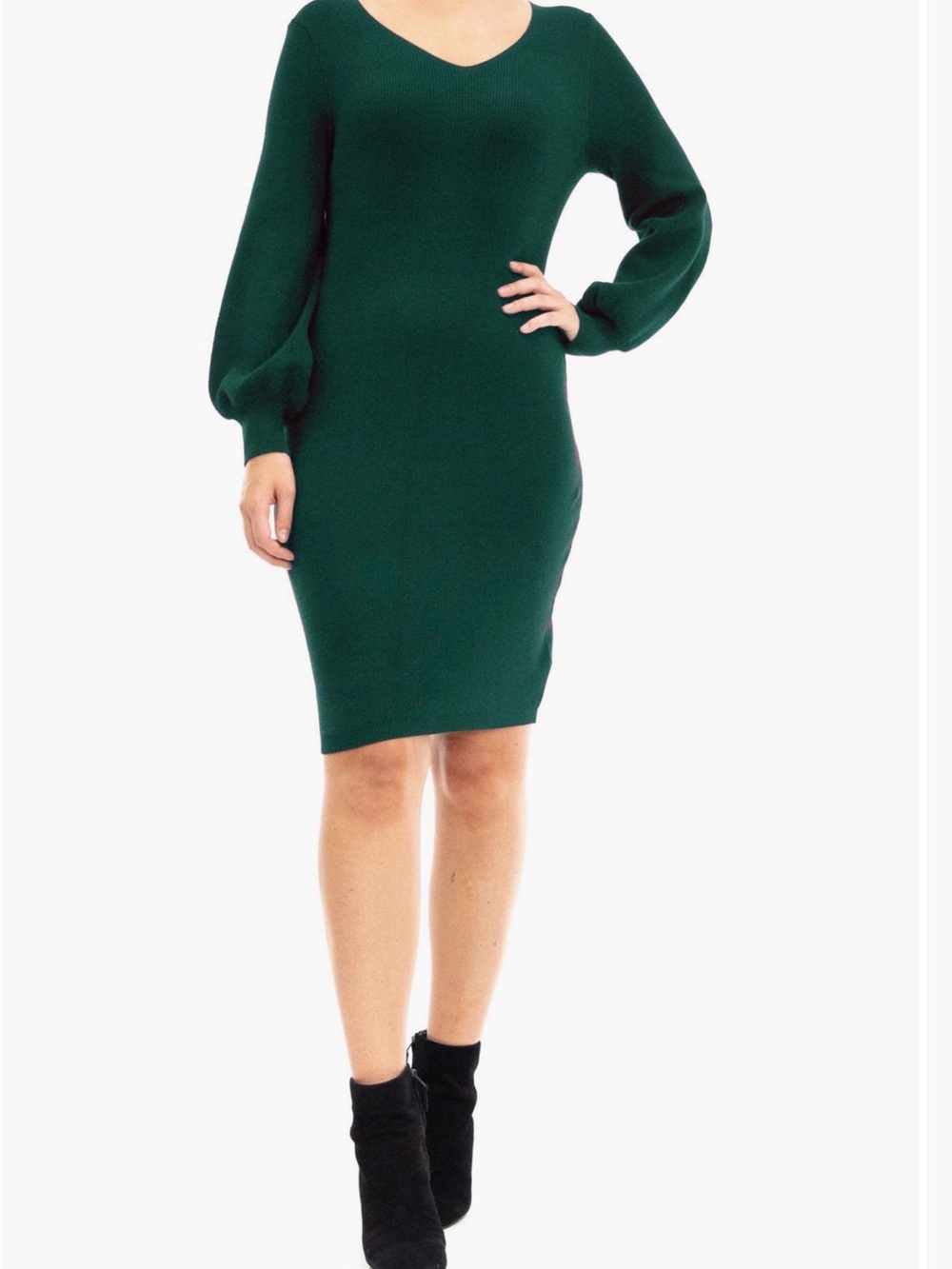 Nina Leonard Forest Green V-Neck Ballon Sleeve Sweater Dress